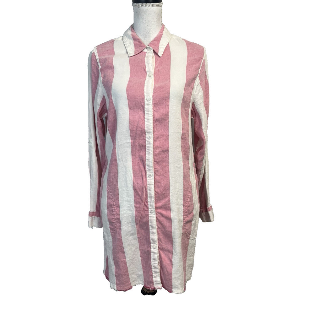 Tommy Bahama Shirt Dress sz Large Red Pink White Striped Linen Pockets Beach #S